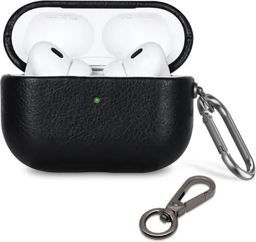 BEWZI - Funda de piel para Airpods Pro de 2ª generación viene con 2 ganchos. Elegante funda protectora de cuero con textura fina compatible con Negro