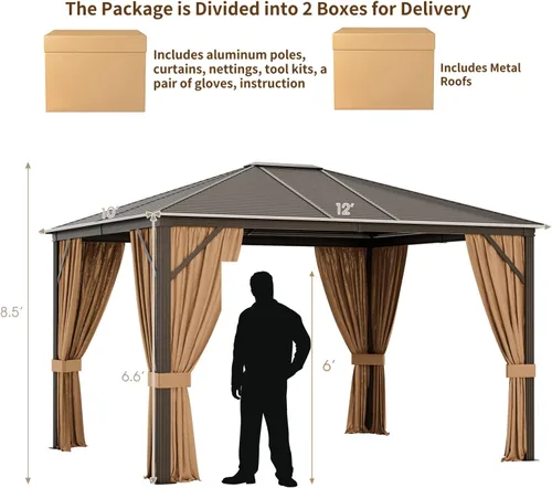Miniatura 7 de Tangkula Gazebo de techo rígido de 12 x 10 pies, cenador de doble parte superior para exteriores con parte superior de acero galvanizado, marco