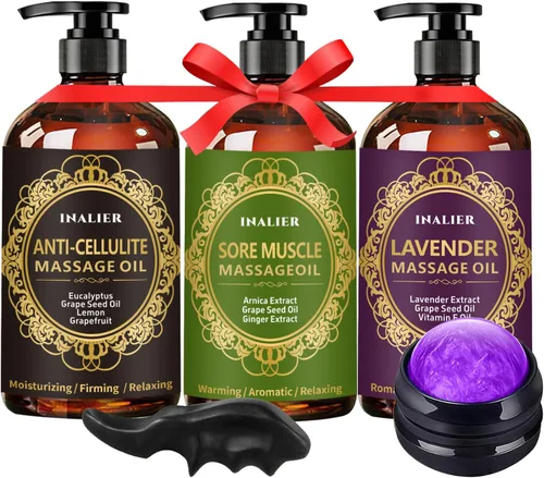 Aceite de masaje para terapia de masaje, paquete de 3 aceites de masaje para celulitis, aceite de árnica muscular para dolor muscular y aceite