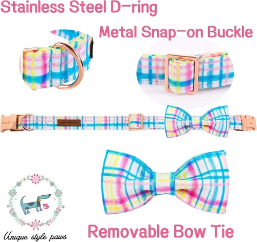 Miniatura 2 de Unique style paws Collar de perro para el día de Pascua con pajarita, collar de cachorro de cuadrícula azul y rosa para niños pequeños, medianos