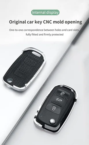 Miniatura 7 de SANRILY Marco de metal plateado y funda para llavero de cuero genuino para VW Tiguan Jetta MK1-MK6 Passat Golf GTI Beetle sin llave de protección