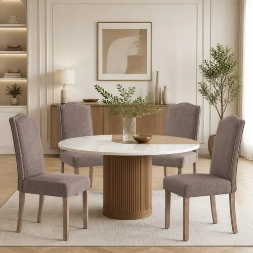 Miniatura 5 de Silla de comedor tapizada moderna y elegante Parsons con respaldo alto con ribete plateado de cabeza de clavo y patas de madera, juego de 2, tela