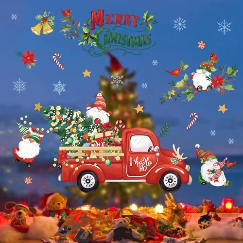 Miniatura 4 de Wondever Pegatinas de pared de camiones rojos - Gnomos, árbol de Navidad, calcomanías de arte para ventana para fiesta, decoración navideña