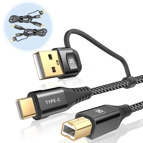 Cable de impresora USB-A/C a USB-B 2 en 1 [paquete de 2, 6.6 pies] USB C MIDI cable trenzado de nailon de alta velocidad para MacBook Pro/Air, Negro