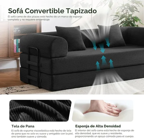 Miniatura 4 de Sofá cama convertible 5 en 1 sin montaje, marco de acero fijo de 79 pulgadas con espuma de alta resistencia, sofá modular de pana plegable para Negro