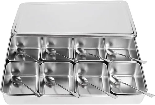 Miniatura 7 de Juego de recipientes para condimentos, 8 rejillas, acero inoxidable, sal y azúcar, organizador de almacenamiento, utensilios de cocina