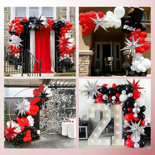 Miniatura 7 de Kit de arco de guirnalda de globos rojo, blanco y negro, decoraciones de fiesta rojas y negras con globos plateados blancos y confeti de látex