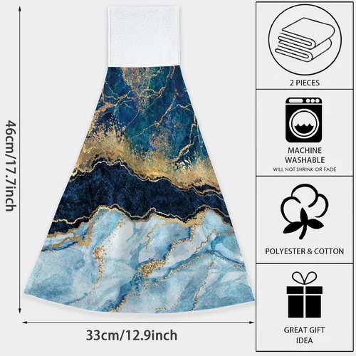Miniatura 2 de Juego de 2 toallas de mano de mármol azul dorado con bucle, toallas de secado rápido, toallas suaves para cocina, platos de té, toallas para baño