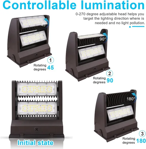 Miniatura 5 de OSTEK Paquete de luz LED de pared de 40 W, giratorio, ajustable, 5000 K, 5500 lm, paquete de pared de área al aire libre, lámpara LED para luz
