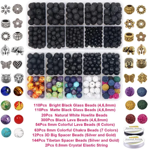 Miniatura 5 de EuTengHao Juego de 810 cuentas de roca de lava de color, cuentas de chakras espaciadoras con cuerda de cristal de piedras preciosas volcánicas