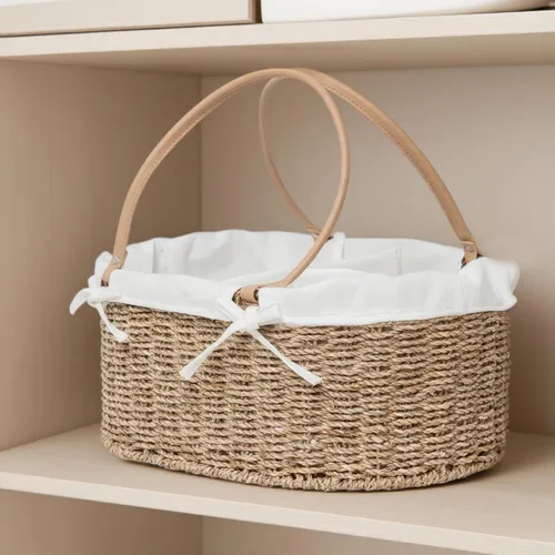 Miniatura 3 de Organizador de pañales de mimbre tejido a mano, bolsa de pañales multifuncional para guardería y almacenamiento en el hogar, forro desmontable, asas