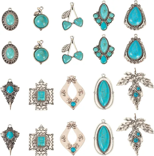 Miniatura 8 de 16 dijes occidentales de 8 estilos para hacer joyas, dijes vintage de turquesa de plata antigua, estilo tibetano, para mujeres y hombres, aretes
