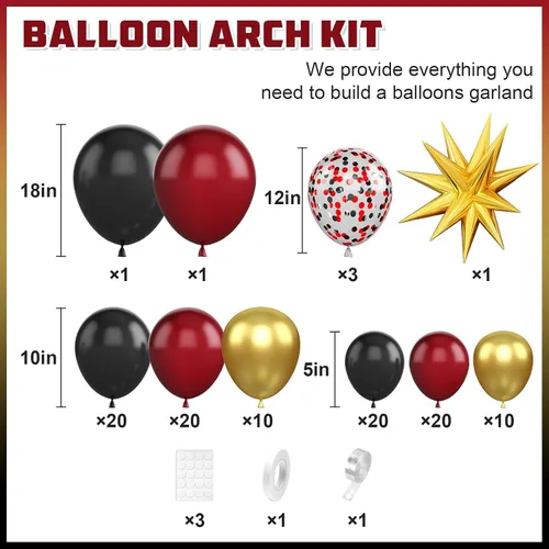 Miniatura 2 de Kit de arco de globos color borgoña, guirnalda de globos color granate negro y dorado con globos de papel de aluminio de estrella para graduación