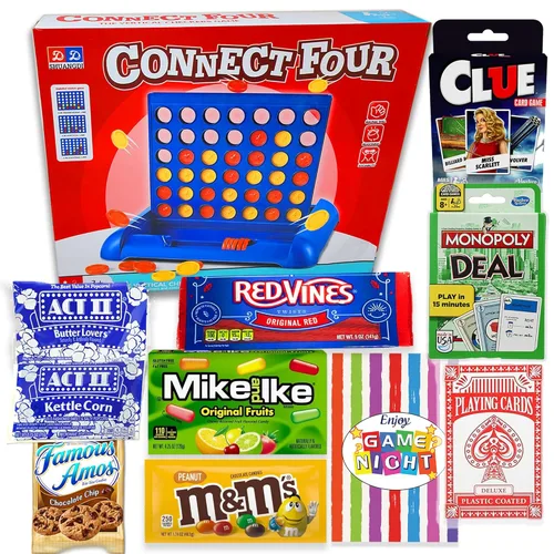 Game Night Cesta de regalo para familiares, niños, adolescentes y adultos. Juego de cartas y juegos clásicos 4 en una fila, caja de regalo de dulces