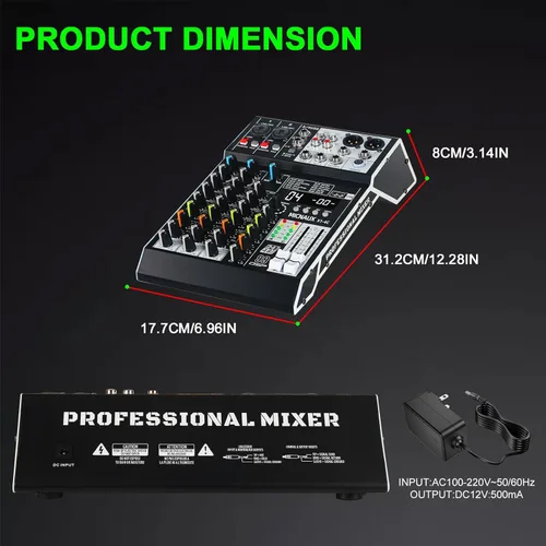 Miniatura 9 de Mezclador de audio de 4 canales, consola mezcladora de sonido profesional con 99 efectos DSP, mezclador de DJ pequeño con USB, Bluetooth, fuente