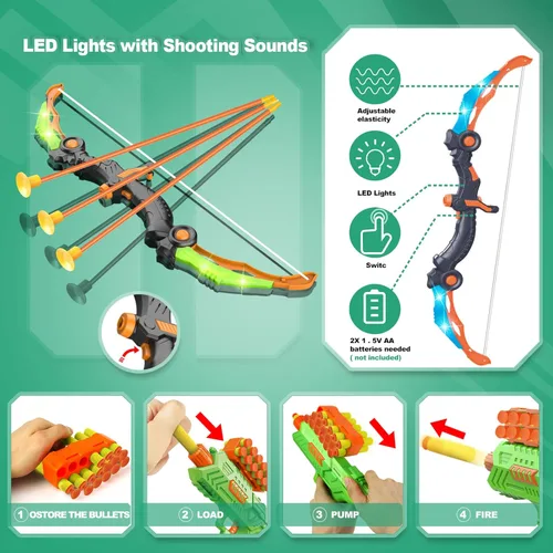 Miniatura 3 de SpringFlower 2 Bow and Arrow Sets with LED Light-up,2 Foam Dart Guns for Kids 5 6 7 8 9 10+ Years Old, Archery Set with Standing Target for Boys &