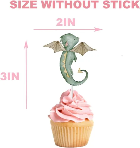 Miniatura 5 de Decoración para cupcakes de dragón, 10 piezas, suministros para baby shower y fiesta de cumpleaños con lindos dragones de fantasía para niños