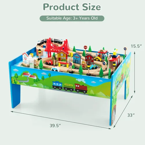 Miniatura 7 de Mesa de Tren INFANS, Juego de 80 Piezas de Madera para Niños con Juego de Actividad Reversible y Desmontable, Pistas, Tren, Ferrocarril, Ciudad