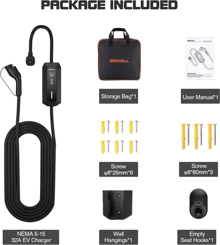 Miniatura 8 de GRECELL Cargador de vehículo eléctrico de nivel 2, cargador portátil de vehículo eléctrico de 32 A/7.4 KW con cable de 25 pies, cargador