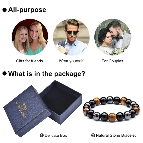 Miniatura 28 de DHQH Triple Protection Bracelet 8/10MM Hematite Black Agate Tigers Eye Stone Bracelet Crystal Jewelry Healing Bead Bracelets for Men Bring Luck
