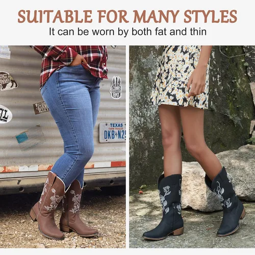 Miniatura 6 de Jeossy Botas vaqueras a media pantorrilla con bordado de flores, tacón bajo, botas vaqueras occidentales 9807 para mujer