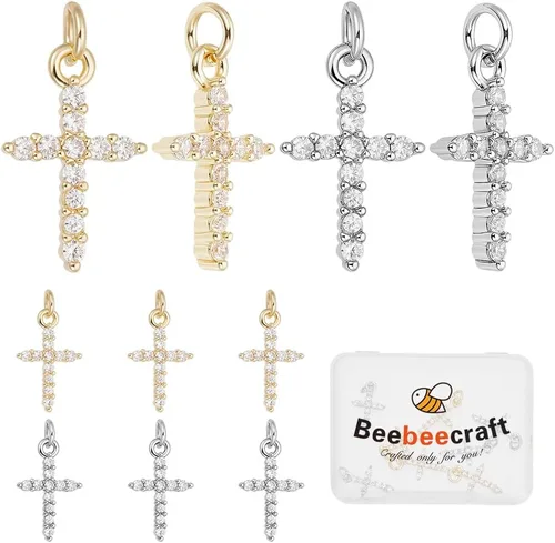 Miniatura 7 de Beebeecraft 1 caja de 10 dijes de cruz de circonita cúbica de oro pequeño con anillo de salto chapado en oro real de 18 quilates de latón