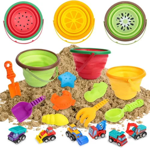 Juego de juguetes de arena de playa para niños, cubo de playa plegable de silicona plegable para viajes, juguetes de playa para verano al aire