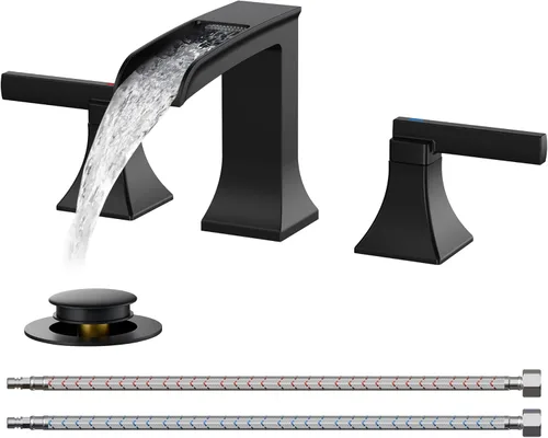 Miniatura 8 de FORIOUS Grifos cuadrados de baño de níquel cepillado y negro de 3 agujeros, cascada de 8 pulgadas, grifo de lavabo de baño con drenaje emergente