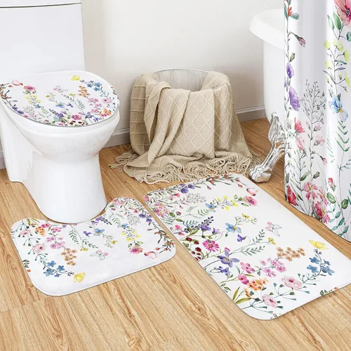 Miniatura 3 de Juego de 4 cortinas de ducha con alfombras antideslizantes, cubierta para tapa de inodoro y tapete de baño, cortinas de ducha de tela floral de 72 x