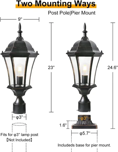 Miniatura 6 de Luces de poste para exteriores de 24 pulgadas con sensor de anochecer a amanecer, farol de aluminio grande para montaje en muelle de poste de poste