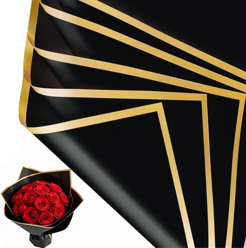 Miniatura 14 de Jutieuo 20 hojas de papel de regalo de flores negras, papel floral coreano translúcido impermeable para ramos de flores, embalaje de regalo, Borde
