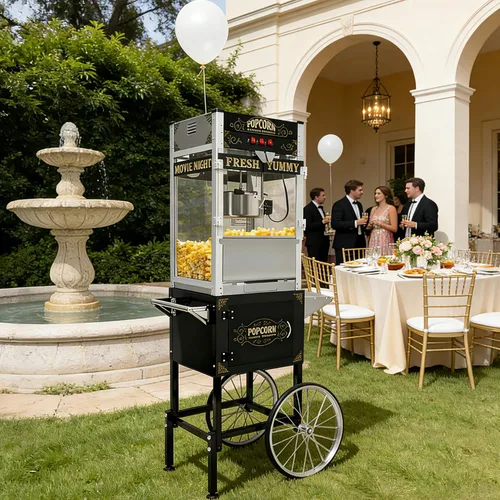 Máquina comercial de palomitas de maíz, 20 onzas con carrito y ruedas, máquina para hacer palomitas de maíz con hervidor de acero inoxidable, para