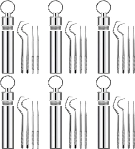 Miniatura 8 de Juego de 12 palillos de dientes de metal reutilizables de acero inoxidable con soporte para picnic al aire libre, camping, viajes, suministros
