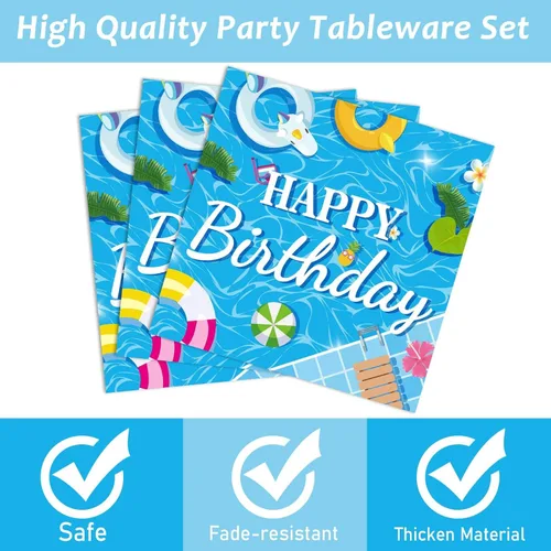 Miniatura 3 de Juego de vajilla de 96 piezas para fiesta de cumpleaños de piscina para decoración de mesa de playa de verano, suministros de bola de playa, platos