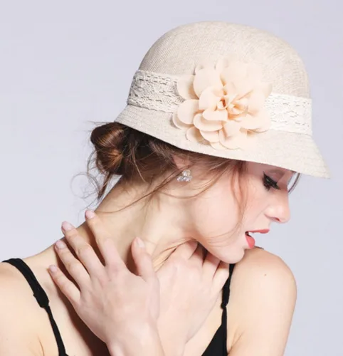 Miniatura 3 de Epoch - Gorro de lino estilo Gatsby, con lazo y flor para mujer