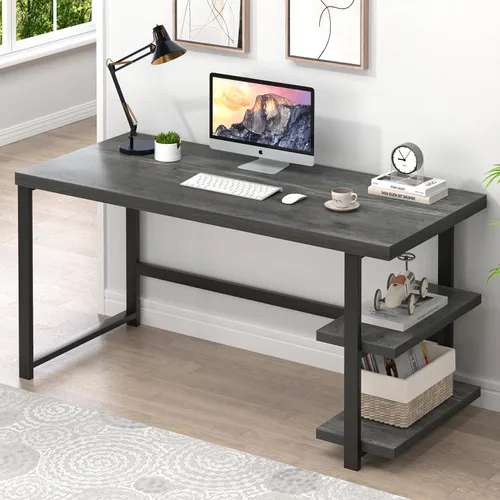 EXCEFUR Escritorio industrial para computadora, escritorio de oficina en casa con estantes de almacenamiento, mesa de estudio de madera para Gris