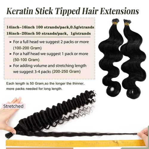 Miniatura 4 de Extensiones de cabello humano ondulado con punta I para mujer, extensiones de cabello Remy con punta de palo de fusión fría, pegamento de queratina