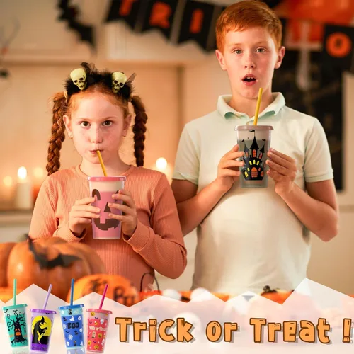 Miniatura 3 de OOINQQ Vasos que cambian de color de Halloween para niños, 6 vasos de plástico de 12 onzas con tapa y popote en 6 colores para café, té, bebidas