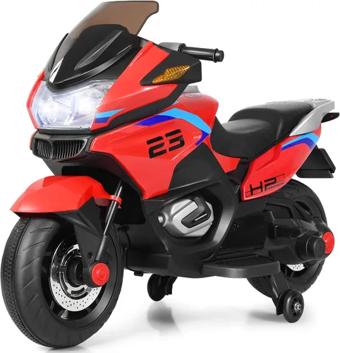 Miniatura 10 de HONEY JOY Motocicleta para niños de 12 V, vehículo eléctrico a batería para niños, ruedas de entrenamiento, luces LED, pedal de pie, suspensión