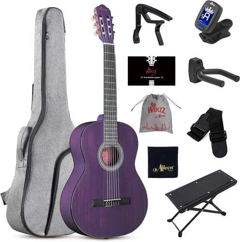 Miniatura 10 de WINZZ Guitarra clásica 4/4, guitarra de cuerda de nailon de tamaño completo de 39 pulgadas para adultos principiantes, kit completo de guitarra