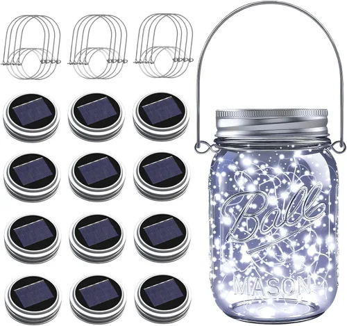 Miniatura 9 de Luces solares en tarro de masón para exteriores, paquete de 12 30 luces LED de luciérnaga, tapas solares para exteriores impermeables con ganchos