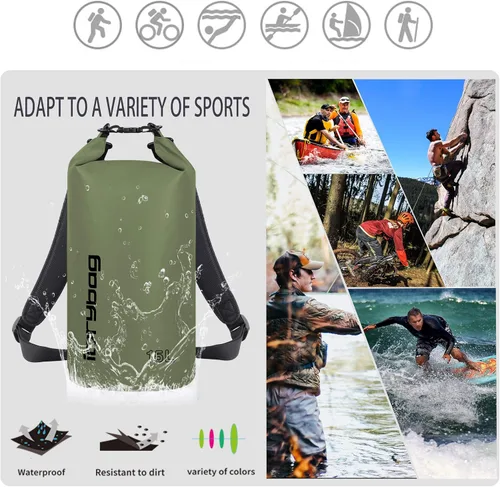 Miniatura 5 de IDRYBAG Bolsa seca para kayak impermeable 2L/5L/10L/15L/20L, pequeña bolsa impermeable para navegación Verde militar