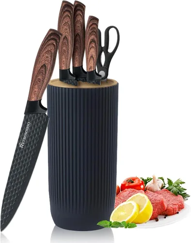 Juego de cuchillos de cocina de 6 piezas, color caqui, afilado, juego de cuchillos de chef de acero inoxidable antiadherentes con bloque de Veta de