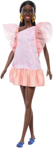 Muñeca Barbie Fashionistas #216 con cuerpo alto y cabello negro en moño bajo en vestido de fiesta rosa y melocotón, juguete coleccionable del 65