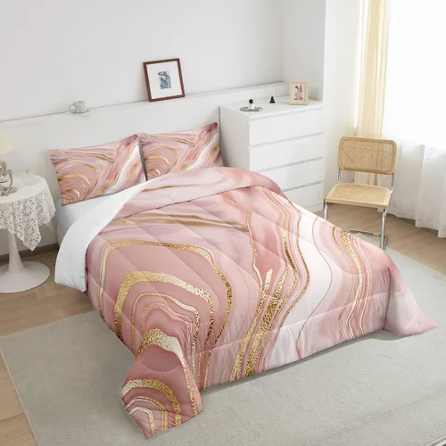 Miniatura 4 de Erosebridal Juego de edredón de mármol rosa dorado para niños y niñas, ropa de cama de mármol metálico, juegos de edredón de textura de mármol