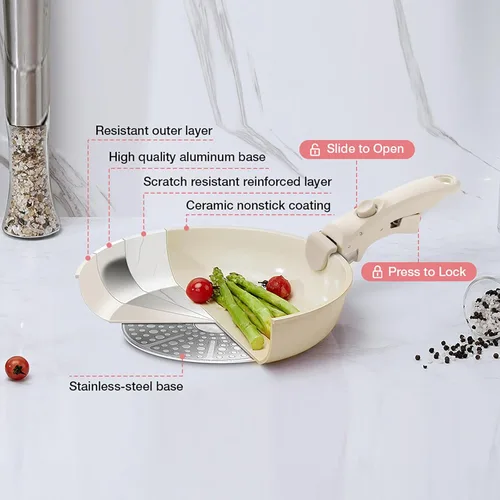 Miniatura 7 de Juego de utensilios de cocina de cerámica antiadherente blanca, juego de 5 piezas con asas desmontables, perfecto para cocinar todos los días