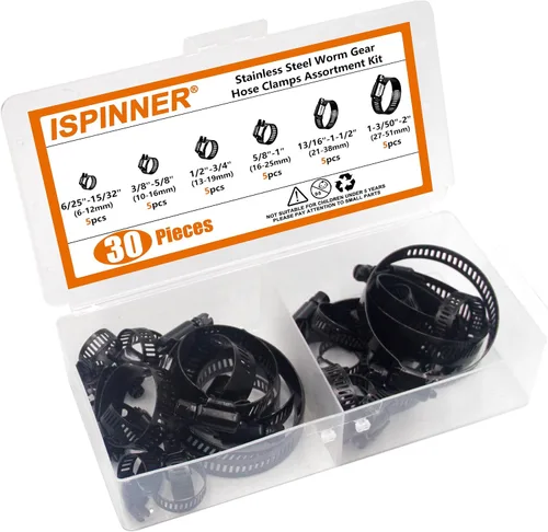 Miniatura 5 de ISPINNER Juego de 30 abrazaderas de manguera 6-51mm (1/4"-2") Ajustable 304 Acero inoxidable Engranaje de gusano Abrazaderas de manguera 6 tamaños