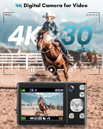 Miniatura 3 de Cámara digital 4K, cámaras de enfoque automático de 48 MP para fotografía, cámara compacta de vlogging con cámara frontal y trasera, cámaras de Negro