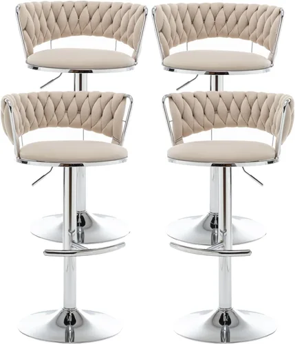 Miniatura 31 de Taburetes de bar dorados juego de 2, taburetes de bar de terciopelo giratorios con respaldo tejido, taburetes ajustables para isla de cocina, Beige