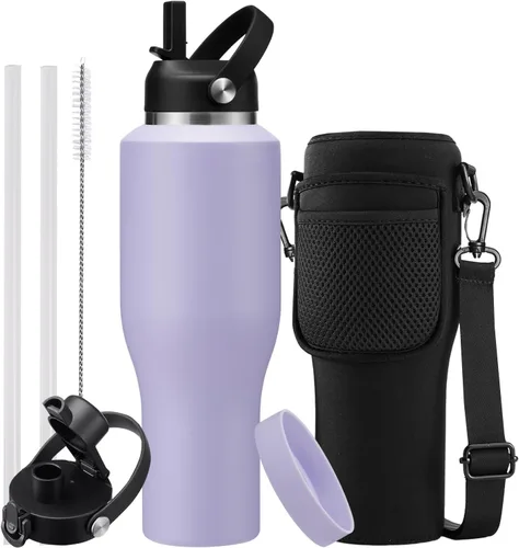 Miniatura 16 de Botella de agua de acero inoxidable de 32 onzas, frío-48 horas y caliente-24 horas, termo con popote y tapas de boquilla, bolsa, botella aislada al